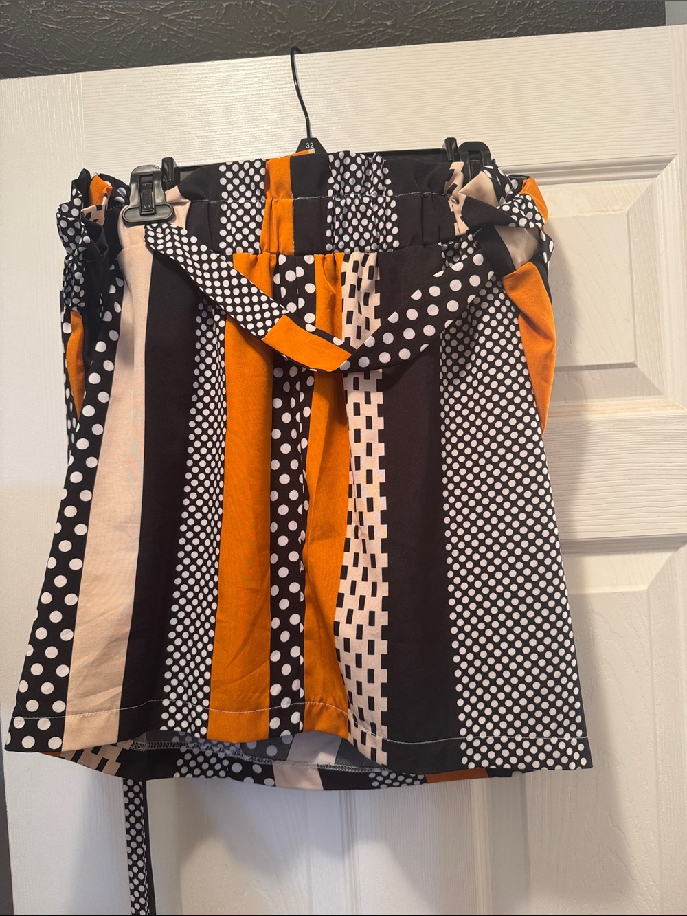 SHEIN Black, Orange & Cream Mixed Stripe & Polka Dot Paperbag Waist Shorts